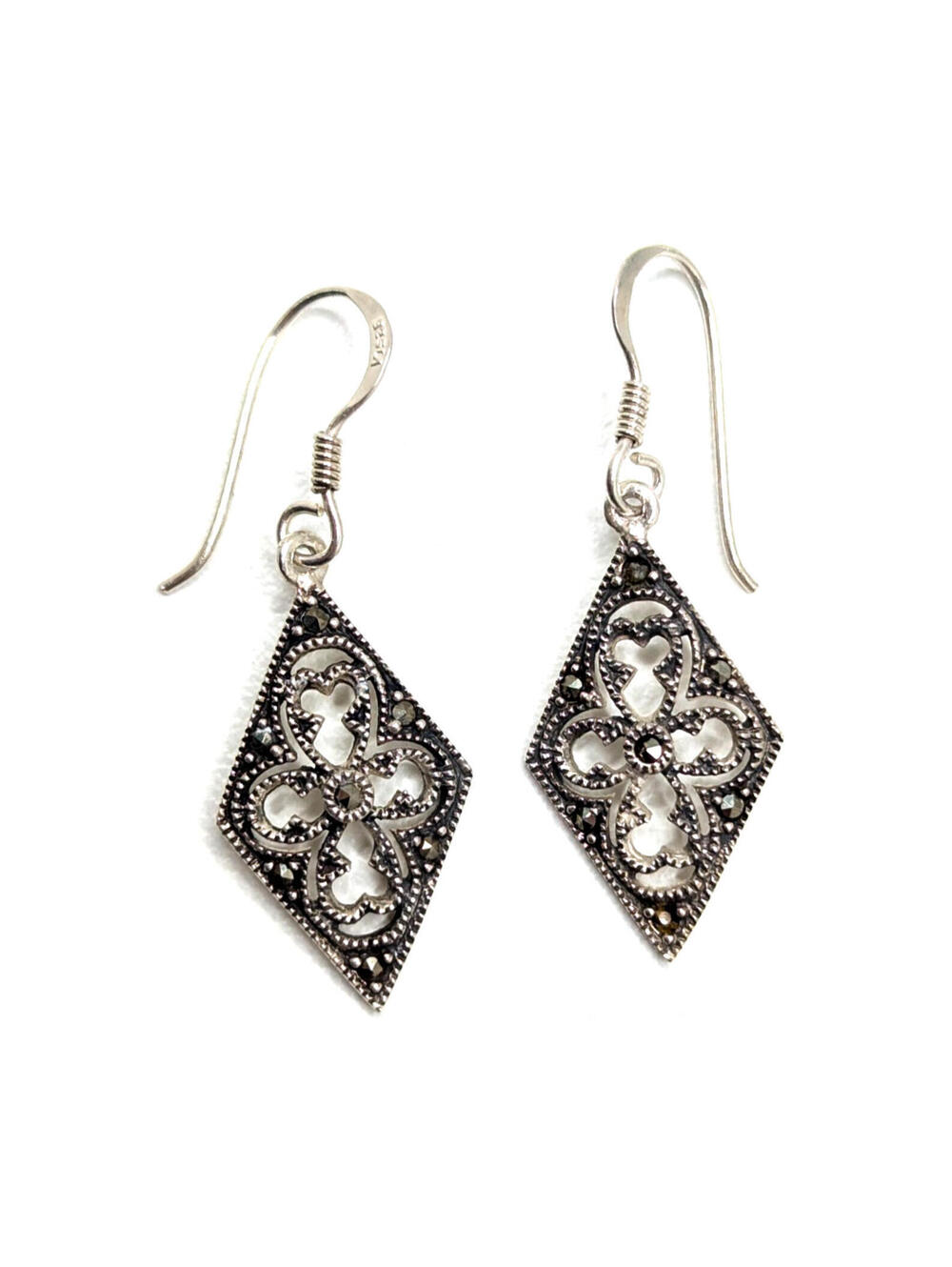 Sterling Silver 925 LA Filigree Drop Earrings Diamond Shape Floral Dang 2.9g